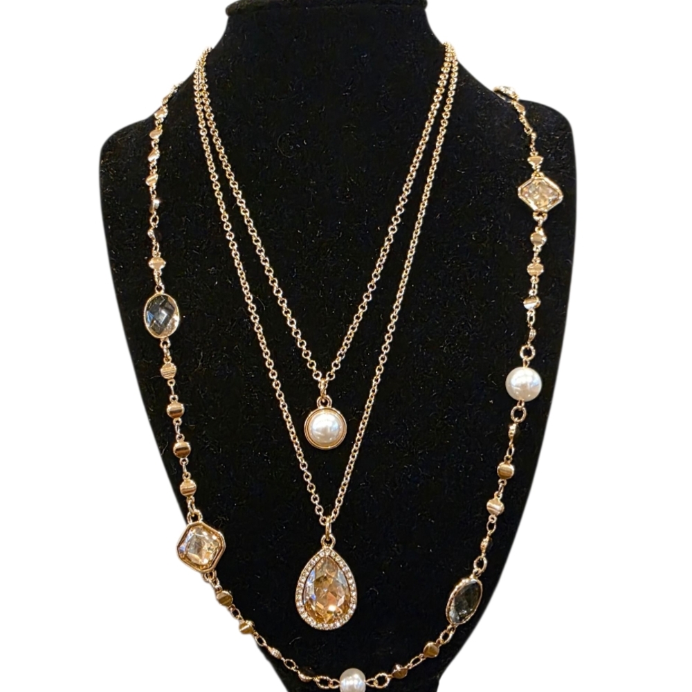 Susan Graver Crystal & Pearl Multi-Strand Necklace Brown/Goldtone